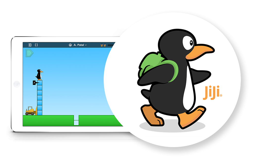 Tablet with ST Math game, image of JiJi the penguin